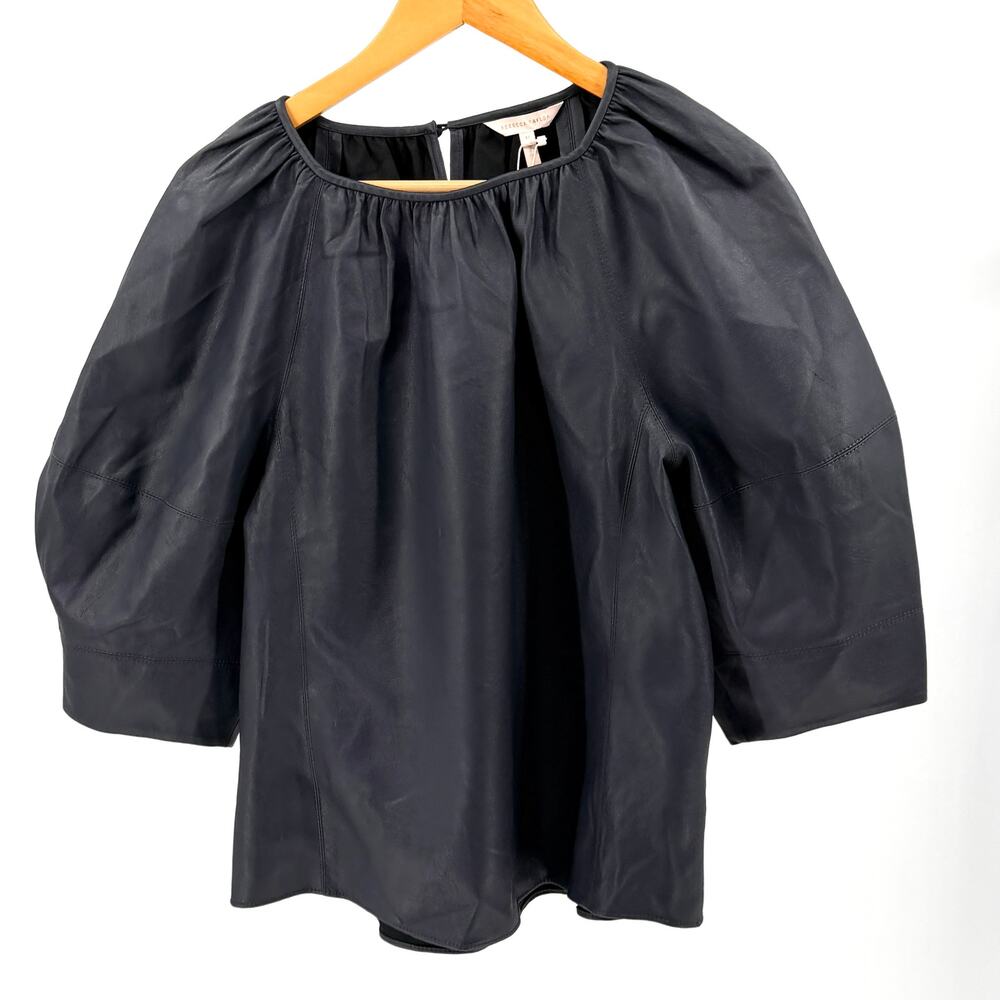 Rebecca Taylor Navy Blue Vegan Leather Silk Lined Puff Sleeve Top